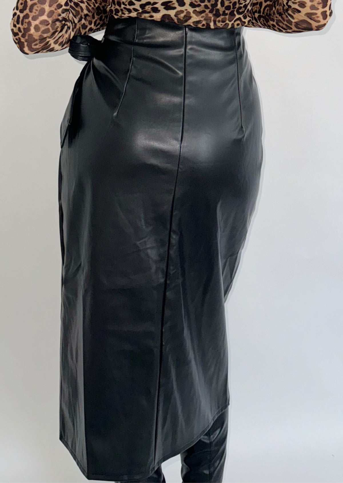 Faux Leather Wrap Midi Skirt