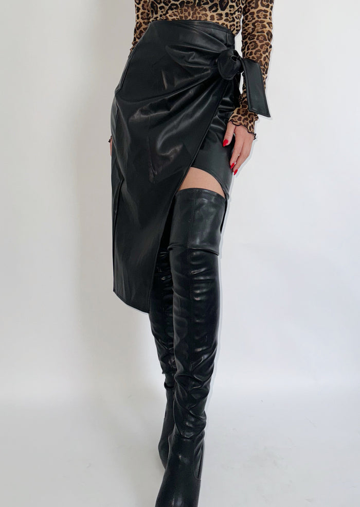 Faux Leather Wrap Midi Skirt